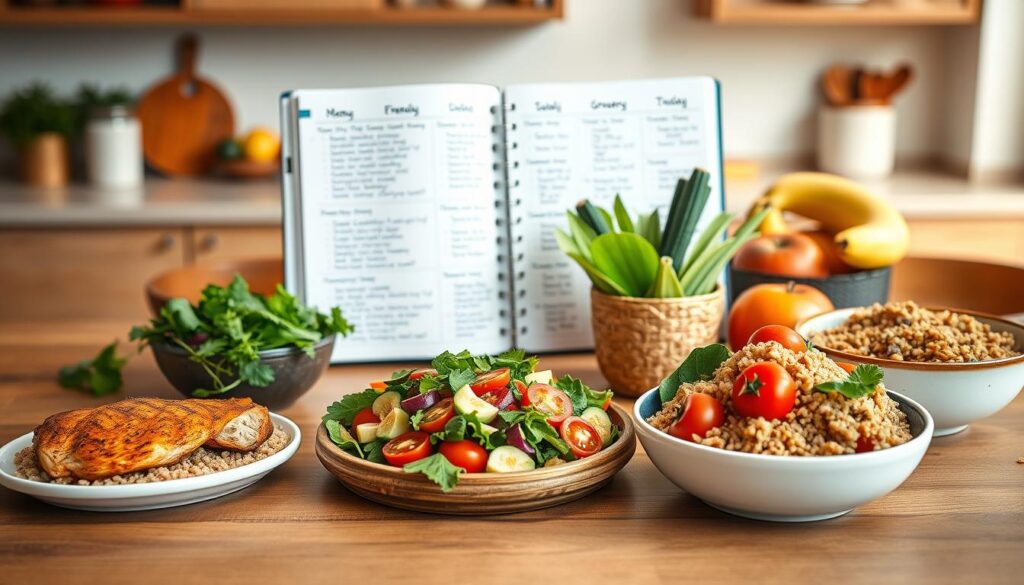 A beautifully arranged weekly diet menu displayed on a modern wooden table. In the foreground, a colorful selection of healthy dishes, including grilled chicken with quinoa, a vibrant salad bowl with mixed greens, cherry tomatoes, and avocado, and a bowl of brown rice with steamed vegetables. In the middle, an open planner showcasing neatly written meal ideas with corresponding grocery lists, surrounded by fresh fruits like apples and bananas. The background features softly blurred kitchen elements with warm, natural lighting, creating a cozy, inviting atmosphere. The scene exudes a vibe of health and wellness, with a focus on practical, nutritious eating for a balanced lifestyle.