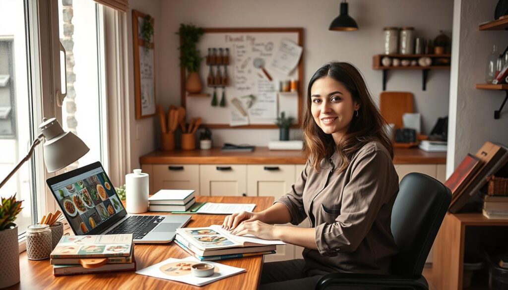 A cozy home office scene featuring a young entrepreneur strategizing for a culinary business. In the foreground, a professional woman in modest casual clothing is seated at a wooden desk, surrounded by colorful recipe books, a laptop displaying food images, and ingredients arranged artfully. The middle ground includes a bulletin board filled with handwritten notes and sketches, showcasing unique food ideas. In the background, a small kitchen area is visible with herbs and spices neatly organized, and a soft window light illuminates the space, creating a warm, inviting atmosphere. The overall mood conveys inspiration and determination, ideal for launching a home-based culinary business. A cozy home office scene featuring a young entrepreneur strategizing for a culinary business. In the foreground, a professional woman in modest casual clothing is seated at a wooden desk, surrounded by colorful recipe books, a laptop displaying food images, and ingredients arranged artfully. The middle ground includes a bulletin board filled with handwritten notes and sketches, showcasing unique food ideas. In the background, a small kitchen area is visible with herbs and spices neatly organized, and a soft window light illuminates the space, creating a warm, inviting atmosphere. The overall mood conveys inspiration and determination, ideal for launching a home-based culinary business.