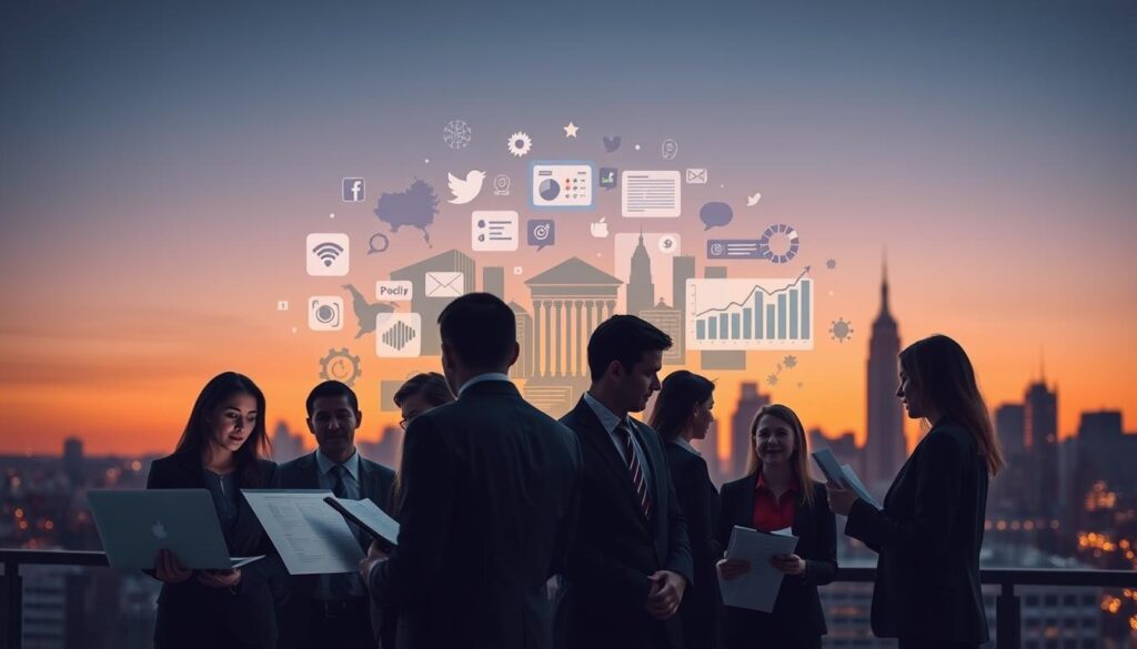 A dynamic scene illustrating the factors that shape public opinion in politics. In the foreground, a diverse group of professionals in business attire are engaged in a deep discussion, using laptops and documents to analyze data. In the middle, visual representations of social media icons, news headlines, and polling charts blend in a harmonious collage, symbolizing the influence of media and communication. The background features a silhouette of a city skyline during twilight, with soft, warm lighting evoking a sense of urgency and awareness. The overall mood is one of collaboration and intellectual engagement, emphasizing the complex interplay of ideas that form political opinions. Shot with a wide-angle lens to capture the scene and create depth, ensuring clarity and vibrancy in colors.