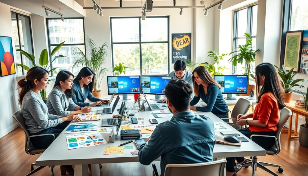 A modern, vibrant workspace depicting a graphic design studio catering to small and medium enterprises (UMKM) in Indonesia. In the foreground, a diverse group of professionals, dressed in smart casual attire, collaborate around a large table filled with colorful design mockups, laptops, and digital sketches. The middle ground features an ergonomic workspace with sleek design tools and software displayed on computer screens. The background showcases large windows letting in natural light, with plants and inspiring artwork on the walls, creating an inviting and creative atmosphere. The lighting is bright and airy, emphasizing the innovative spirit of technology and digital solutions for UMKM, encapsulating a productive and dynamic environment.