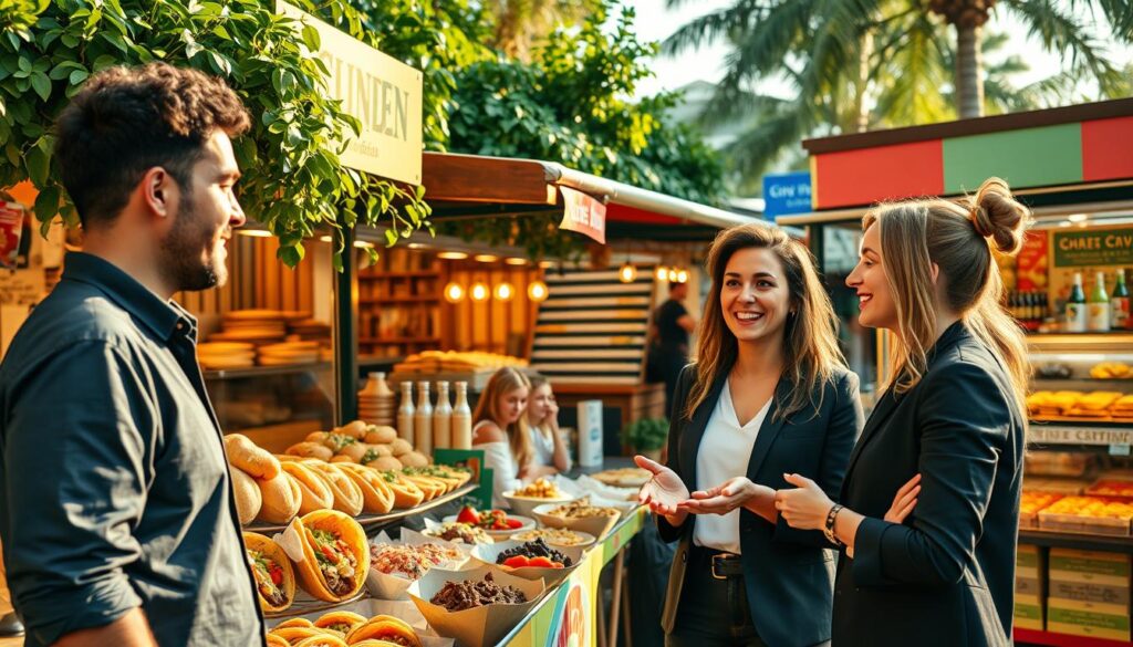 A vibrant and bustling local food market scene, showcasing various successful culinary brands. In the foreground, a diverse group of three professional individuals, a male and two females, are engaged in an animated discussion about their culinary ventures, dressed in smart casual attire. In the middle, colorful food stalls display an array of unique and appealing dishes, such as artisan breads, gourmet street tacos, and exotic desserts. Behind the stalls, there are lush greenery and colorful banners. The lighting is warm and inviting, resembling late afternoon sunlight, casting soft shadows that enhance the lively atmosphere. The overall mood is inspirational and dynamic, reflecting energy and creativity in the local food scene. A vibrant and bustling local food market scene, showcasing various successful culinary brands. In the foreground, a diverse group of three professional individuals, a male and two females, are engaged in an animated discussion about their culinary ventures, dressed in smart casual attire. In the middle, colorful food stalls display an array of unique and appealing dishes, such as artisan breads, gourmet street tacos, and exotic desserts. Behind the stalls, there are lush greenery and colorful banners. The lighting is warm and inviting, resembling late afternoon sunlight, casting soft shadows that enhance the lively atmosphere. The overall mood is inspirational and dynamic, reflecting energy and creativity in the local food scene.