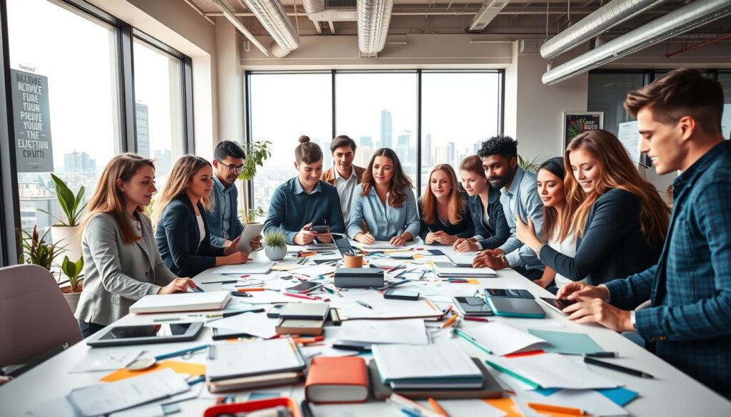 A vibrant and engaging scene capturing the essence of potential business opportunities for young entrepreneurs. In the foreground, a diverse group of young individuals, dressed in professional and smart casual attire, are gathered around a large table cluttered with digital devices, notebooks, and brainstorming materials. In the middle ground, a bright and modern workspace with large windows allowing natural light to flood the room, adorned with motivational posters and plants, symbolizes creativity and inspiration. In the background, a city skyline through the glass, representing growth and future possibilities. The mood is energetic and collaborative, invoking a sense of innovation and ambition, captured with a wide-angle lens to emphasize community spirit in the workspace.