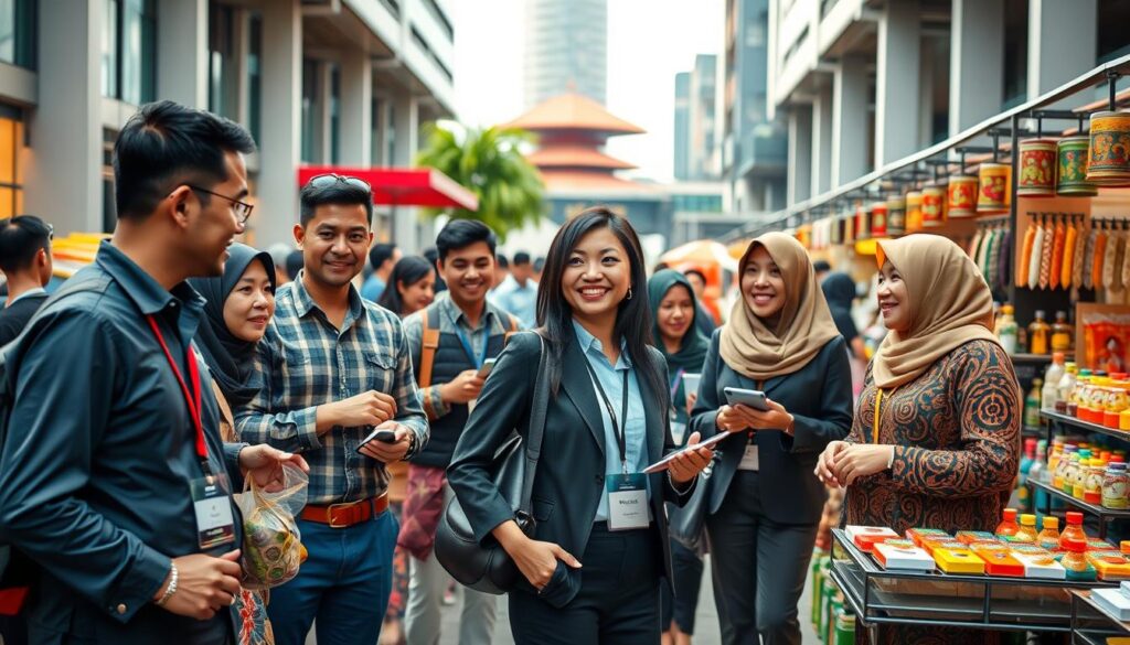 A vibrant scene depicting modern Indonesian micro, small, and medium enterprises (UMKM) in action. In the foreground, a diverse group of entrepreneurs, both men and women, are engaged in lively discussions, showcasing products such as artisanal crafts, organic food, and tech gadgets, all in professional business attire. The middle ground features a busy marketplace with colorful stalls and products that represent contemporary Indonesian culture. In the background, modern architecture blends with traditional elements, symbolizing the fusion of innovation and heritage. Soft, natural lighting enhances the inviting atmosphere, while a slight lens blur adds focus to the entrepreneurs. The mood is optimistic and dynamic, reflecting the growth and potential of UMKM in Indonesia.