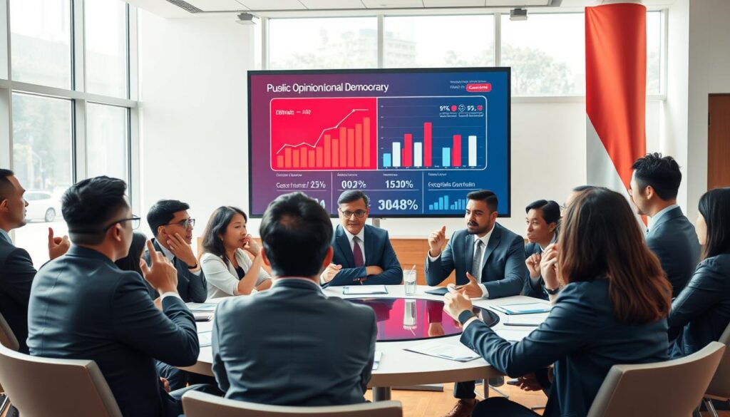 A vibrant scene illustrating the role of public opinion in the democratic process of Indonesia. In the foreground, a diverse group of individuals in professional business attire, composed of men and women of various ethnic backgrounds, engage in a spirited discussion around a round table, displaying gestures of collaboration and thoughtfulness. The middle ground features a large digital screen showcasing graphs and statistics that symbolize electoral data, while a banner in the background subtly hints at democratic themes without text. The setting is a modern conference room with bright, natural lighting pouring through large windows, creating a hopeful and dynamic atmosphere. The overall mood is one of empowerment and civic engagement, capturing the essence of democracy in action.