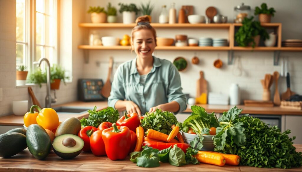 A well-organized kitchen scene focused on healthy eating. In the foreground, a wooden table displays a variety of colorful fruits and vegetables, such as ripe avocados, bright bell peppers, and leafy greens, neatly arranged along with a vibrant salad bowl. In the middle ground, a smiling individual dressed in casual, comfortable attire is preparing a healthy meal, chopping vegetables with enthusiasm. The background features clean kitchen shelves stocked with wholesome ingredients and cooking utensils, bathed in warm, natural light coming from a nearby window, creating an inviting atmosphere. The overall mood conveys a sense of health, vitality, and motivation for starting a healthy diet program.