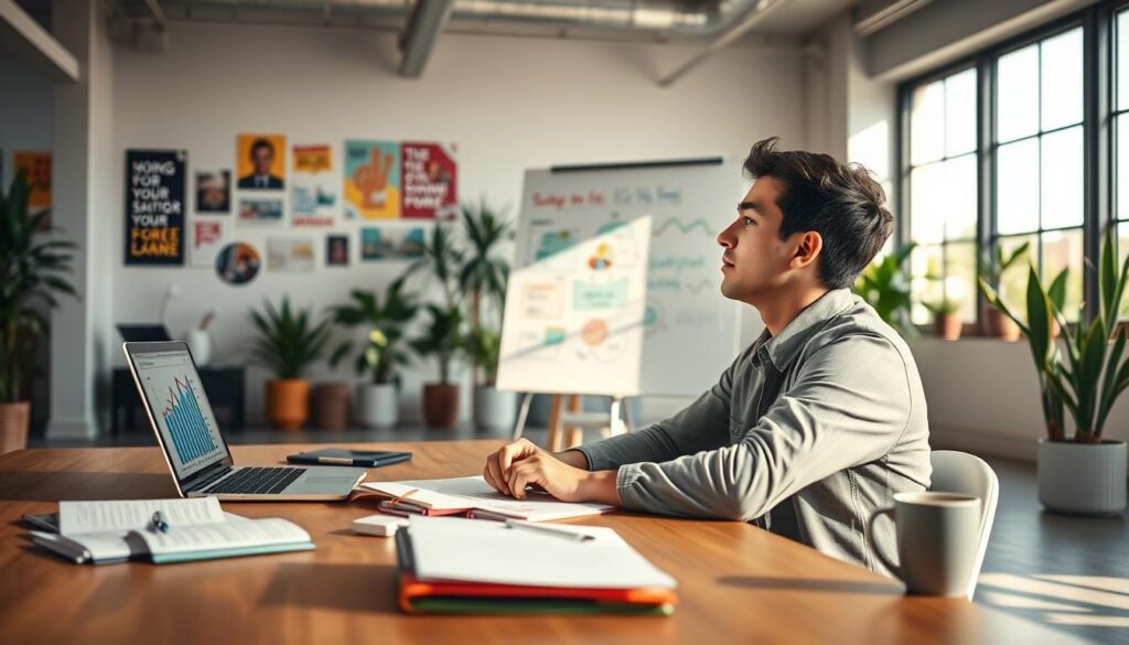 A youthful entrepreneur sitting at a modern workspace, focused on developing a business strategy. In the foreground, an organized desk with notebooks, a laptop displaying charts, and a cup of coffee. The middle ground features the entrepreneur—dressed in smart casual attire—deep in thought, looking at a whiteboard filled with colorful notes and diagrams about business ideas. The background shows a bright, open office space filled with motivational posters, plants, and natural light streaming in through large windows. The atmosphere conveys inspiration and creativity, capturing the essence of young entrepreneurship. Soft, warm lighting enhances the inviting environment, while a slight depth of field emphasizes the entrepreneur's concentration on their strategy.
