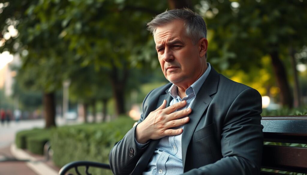 A concerned individual, a middle-aged man in business attire, is sitting on a park bench, clutching his chest with a distressed expression. His face shows signs of anxiety and discomfort as he struggles to breathe. Surround him with a soft-focus background of lush greenery, symbolizing tranquility, contrasting with his urgency. The lighting is soft and natural, suggesting a late afternoon sun casting gentle hues. Include faint elements of urban life in the background, such as blurred figures walking and distant buildings, enhancing the feeling of isolation despite being in a public space. The overall mood should be serious and reflective, capturing the essence of heart struggles associated with high cholesterol. A concerned individual, a middle-aged man in business attire, is sitting on a park bench, clutching his chest with a distressed expression. His face shows signs of anxiety and discomfort as he struggles to breathe. Surround him with a soft-focus background of lush greenery, symbolizing tranquility, contrasting with his urgency. The lighting is soft and natural, suggesting a late afternoon sun casting gentle hues. Include faint elements of urban life in the background, such as blurred figures walking and distant buildings, enhancing the feeling of isolation despite being in a public space. The overall mood should be serious and reflective, capturing the essence of heart struggles associated with high cholesterol.