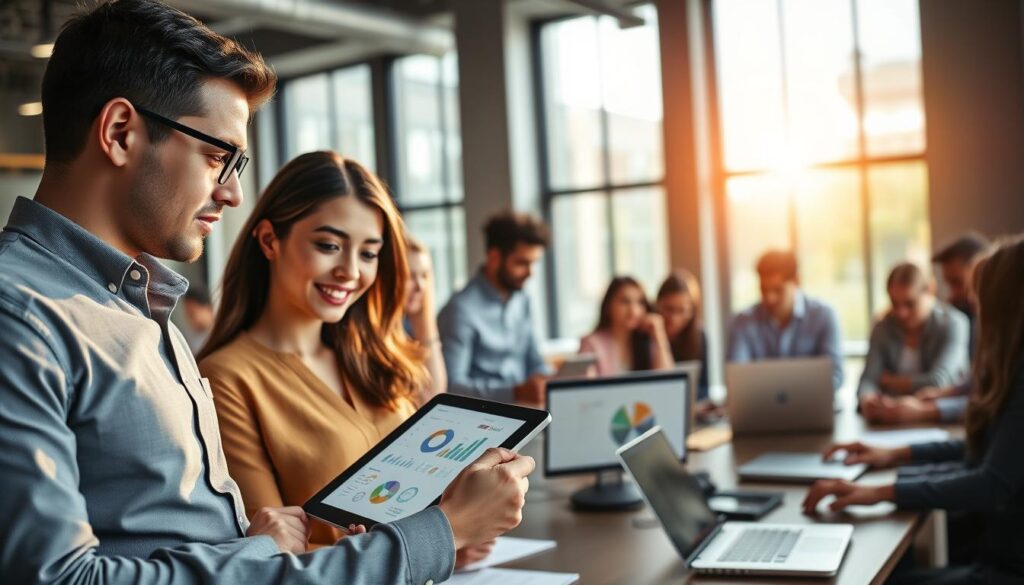 A modern office setting with diverse professionals engaged in collaborative digital skill development. In the foreground, a focused male and female participant, dressed in smart casual attire, are interacting with a digital tablet displaying infographics and charts. The middle ground shows a group of colleagues, including people of various ethnicities, participating in a workshop, surrounded by laptops and digital resources. The background features large windows with natural light streaming in, creating an inspiring atmosphere. The lighting is warm and inviting, emphasizing teamwork and innovation. The overall mood is energetic and positive, capturing the essence of digital skills enhancement for workplace efficiency. A modern office setting with diverse professionals engaged in collaborative digital skill development. In the foreground, a focused male and female participant, dressed in smart casual attire, are interacting with a digital tablet displaying infographics and charts. The middle ground shows a group of colleagues, including people of various ethnicities, participating in a workshop, surrounded by laptops and digital resources. The background features large windows with natural light streaming in, creating an inspiring atmosphere. The lighting is warm and inviting, emphasizing teamwork and innovation. The overall mood is energetic and positive, capturing the essence of digital skills enhancement for workplace efficiency.